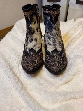 Myra Bag Black and Brown Cowhide Western Ankle Booties